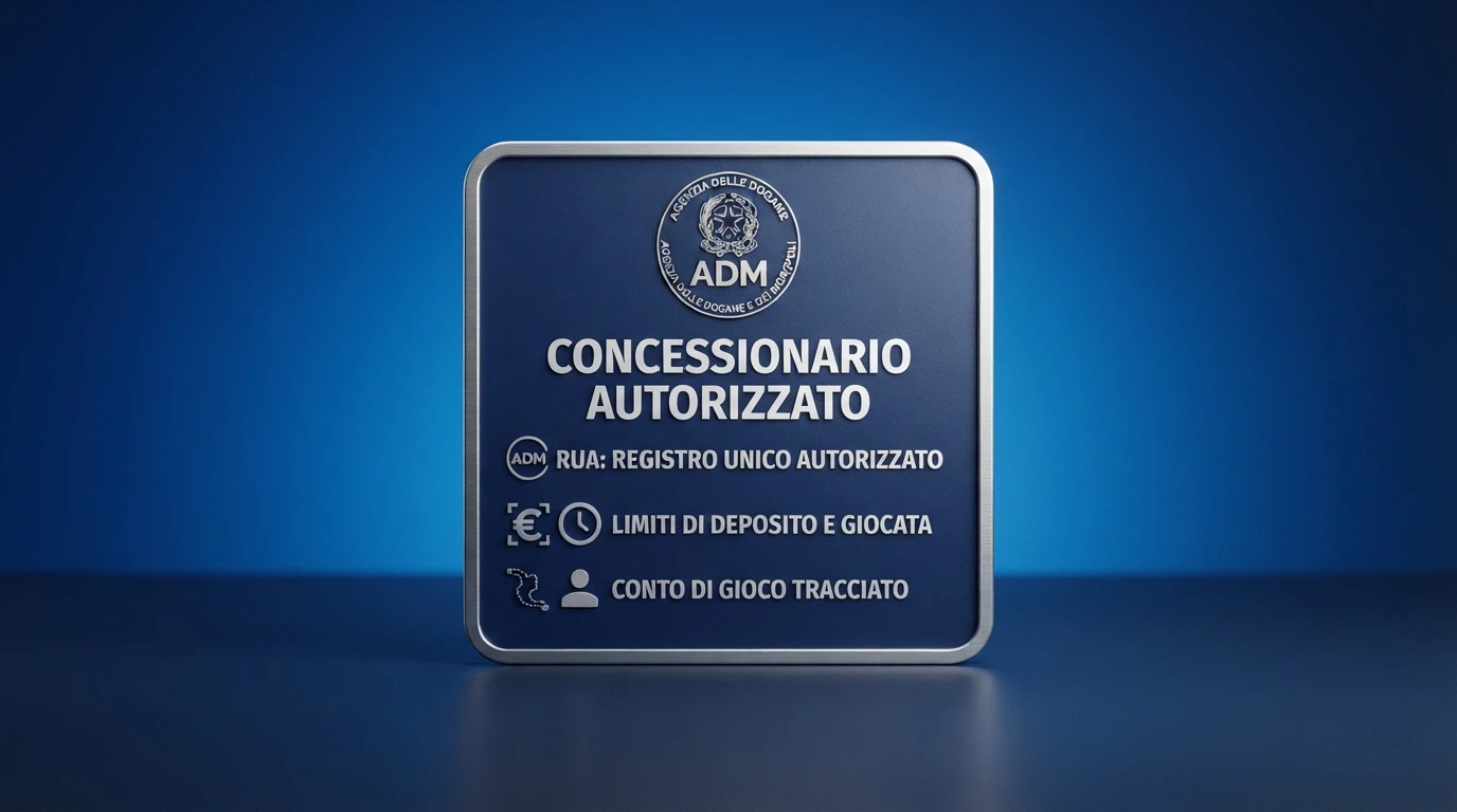 Il logo ufficiale dell'Agenzia delle Dogane e dei Monopoli accanto alla dicitura «concessionario autorizzato» e alla lista delle tutele obbligatorie (RUA, limiti, conto tracciato)