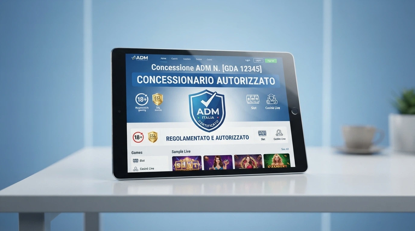 Il logo dell'Agenzia delle Dogane e dei Monopoli accanto alla dicitura «concessionario autorizzato» su un'interfaccia di casinò