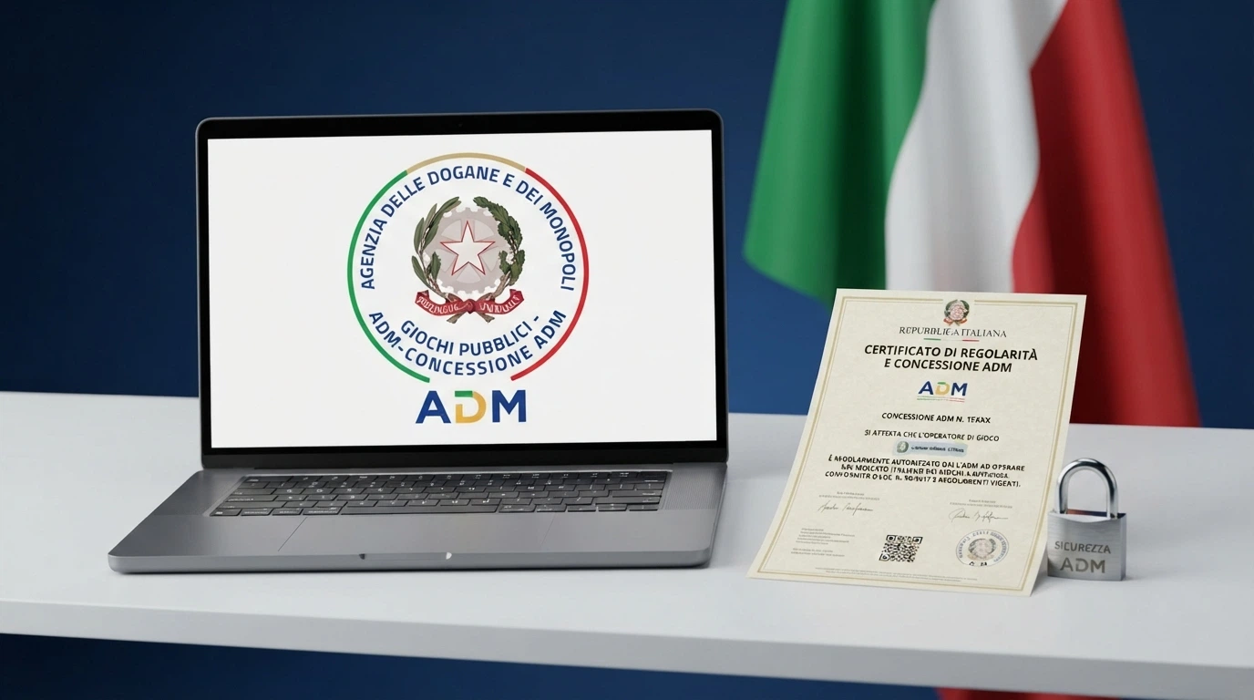 Il logo dell'Agenzia delle Dogane e dei Monopoli accanto alla dicitura «concessionario autorizzato» su uno schermo, con un lucchetto e la bandiera italiana.