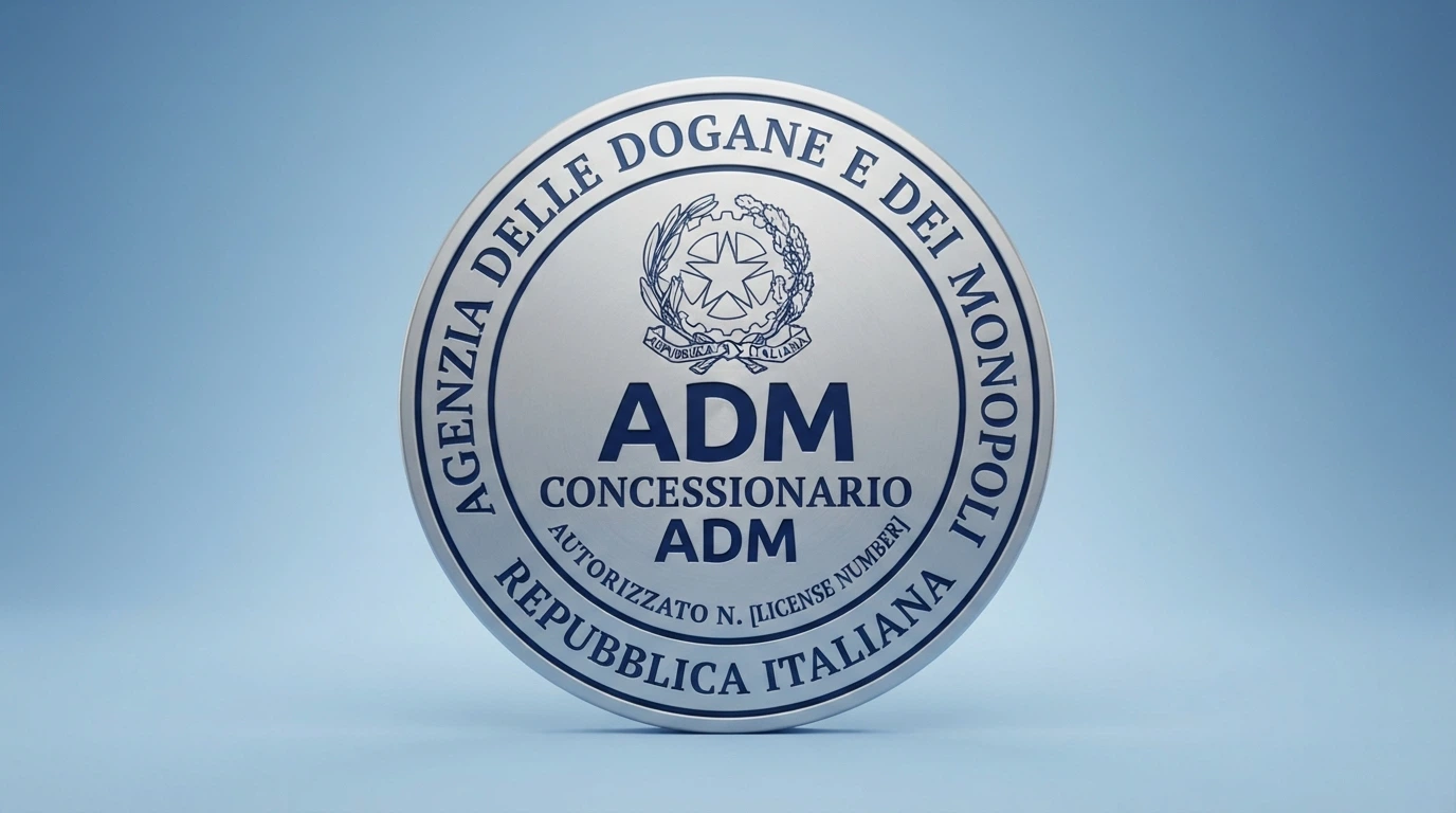 Il logo ufficiale dell'Agenzia delle Dogane e dei Monopoli accanto alla scritta «Concessionario ADM» su sfondo istituzionale blu