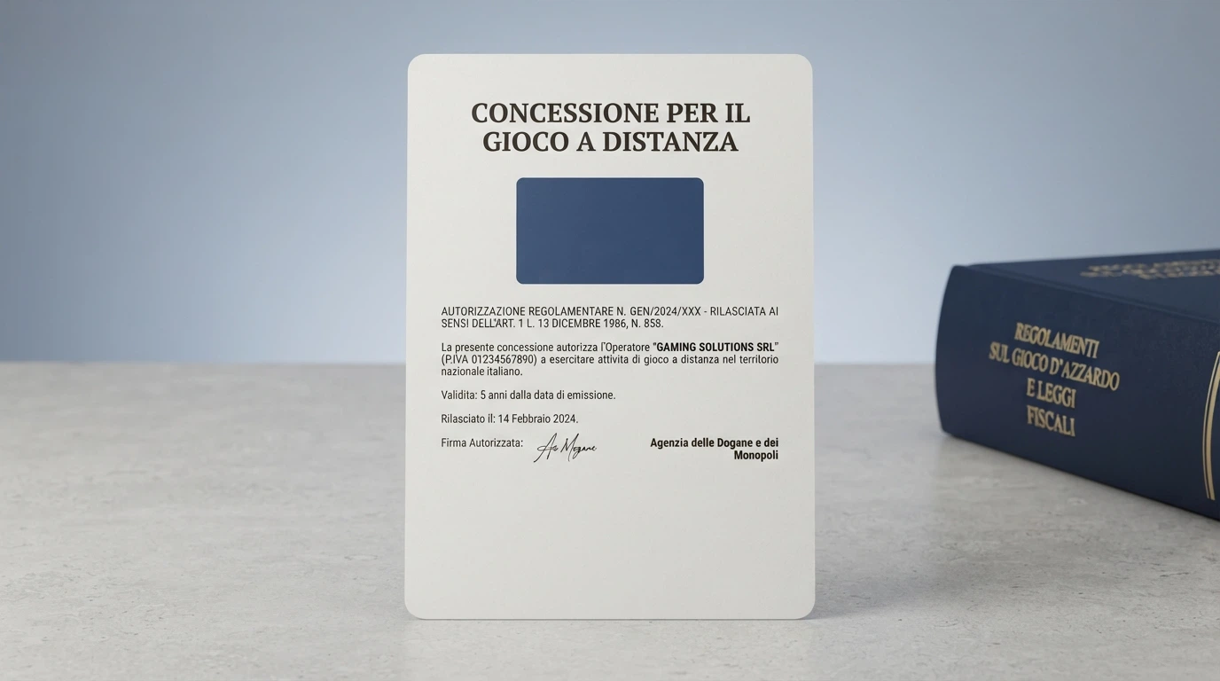 Un dettaglio ravvicinato di un documento ufficiale dell'Agenzia delle Dogane e dei Monopoli, con il timbro ADM, la dicitura «Concessione per il gioco a distanza» e il numero della concessione in evidenza, appoggiato su una scrivania accanto al testo del D.Lgs. 41/2024.