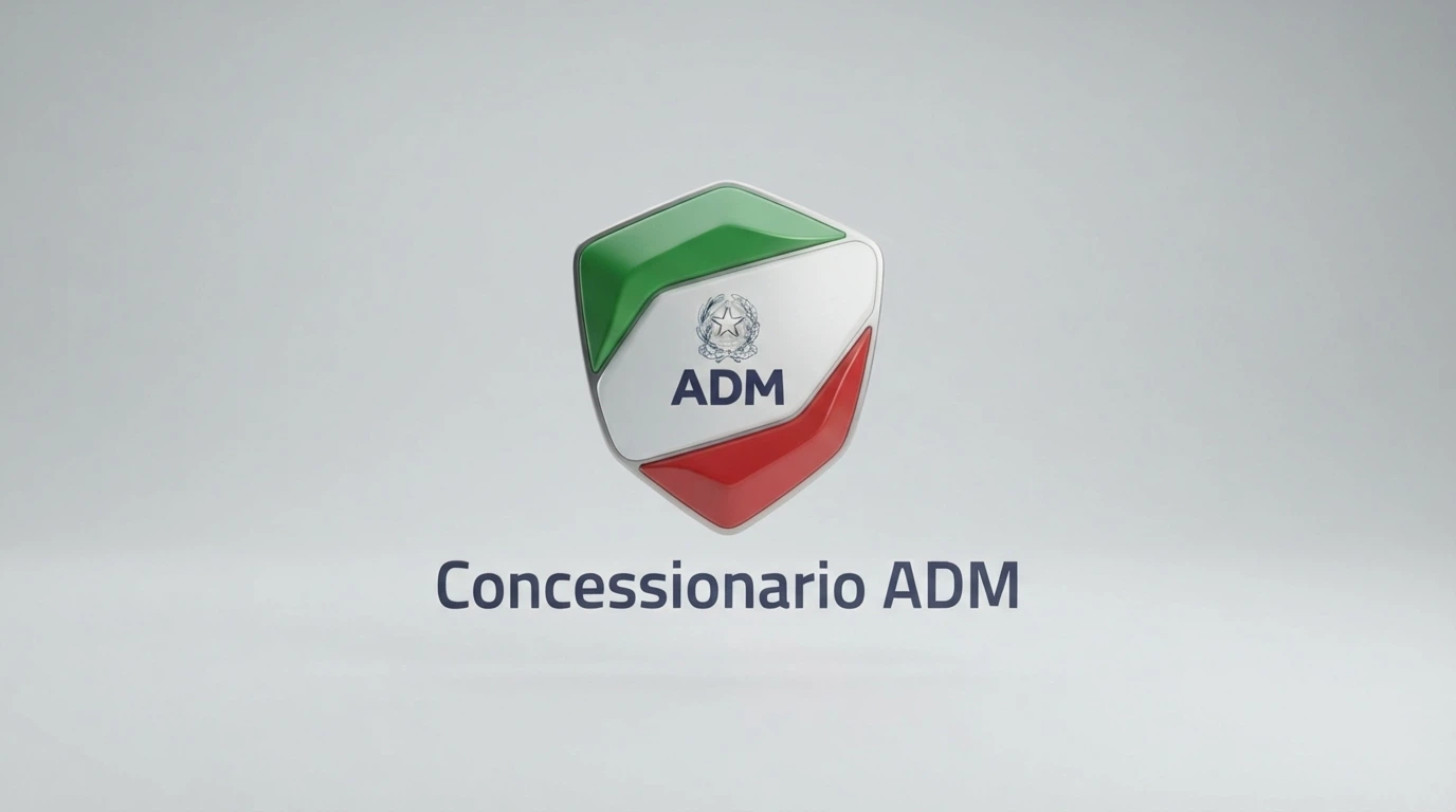 Il logo ufficiale dell'Agenzia delle Dogane e dei Monopoli accanto alla scritta «Concessionario ADM» su uno schermo