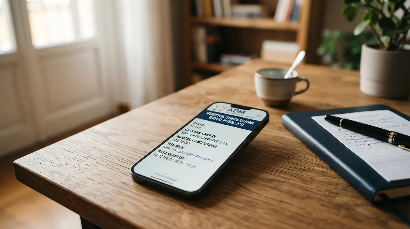 Lo schermo di un telefono con la pagina di verifica delle concessioni sul sito ADM; in sovrimpressione, il numero verde per il gioco responsabile