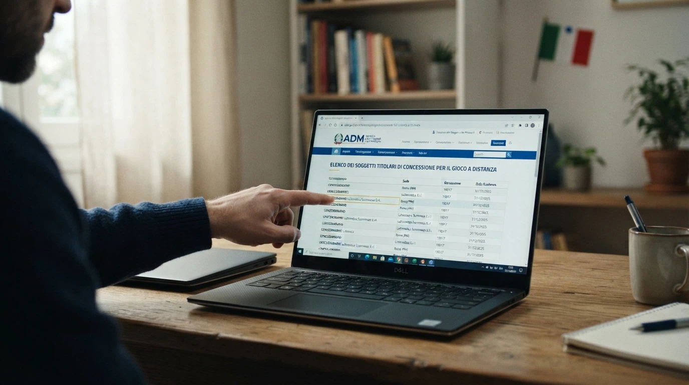 Lo schermo di un computer che mostra il sito dell'Agenzia delle Dogane e dei Monopoli con l'elenco dei concessionari autorizzati al gioco a distanza, affiancato dal logo del Registro Unico degli Autoesclusi.