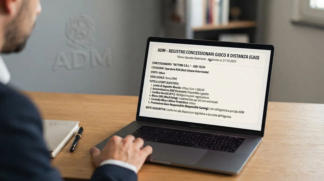 Un estratto stilizzato del registro ADM delle concessioni con il logo dell'Agenzia delle Dogane e dei Monopoli e una lista di voci affiancate: RUA, limiti di deposito, DNS blocking, sede legale italiana