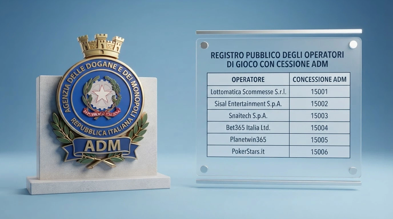 Logo dell'Agenzia delle Dogane e dei Monopoli accanto a un estratto del registro ufficiale delle concessioni