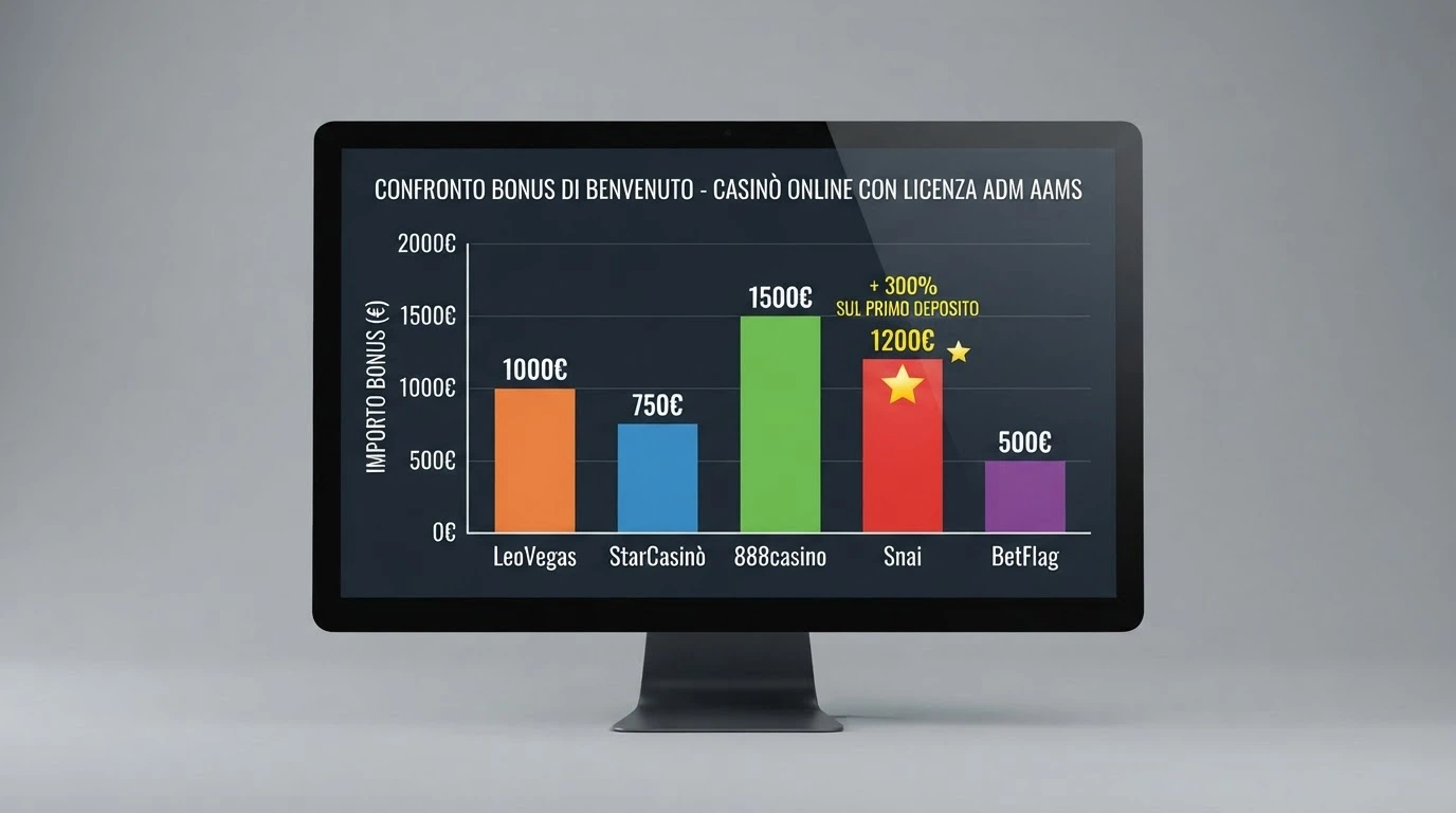 Una tabella comparativa con i loghi e i dati dei bonus di benvenuto dei casinò online ADM visualizzata su un monitor.