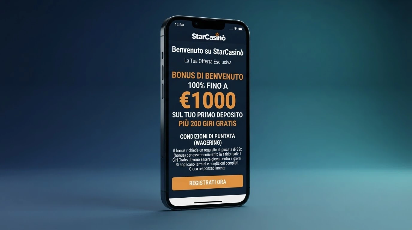 Schermata della sezione promozioni di un'app casinò ADM con il dettaglio del bonus di benvenuto: importo, percentuale e condizioni di wagering