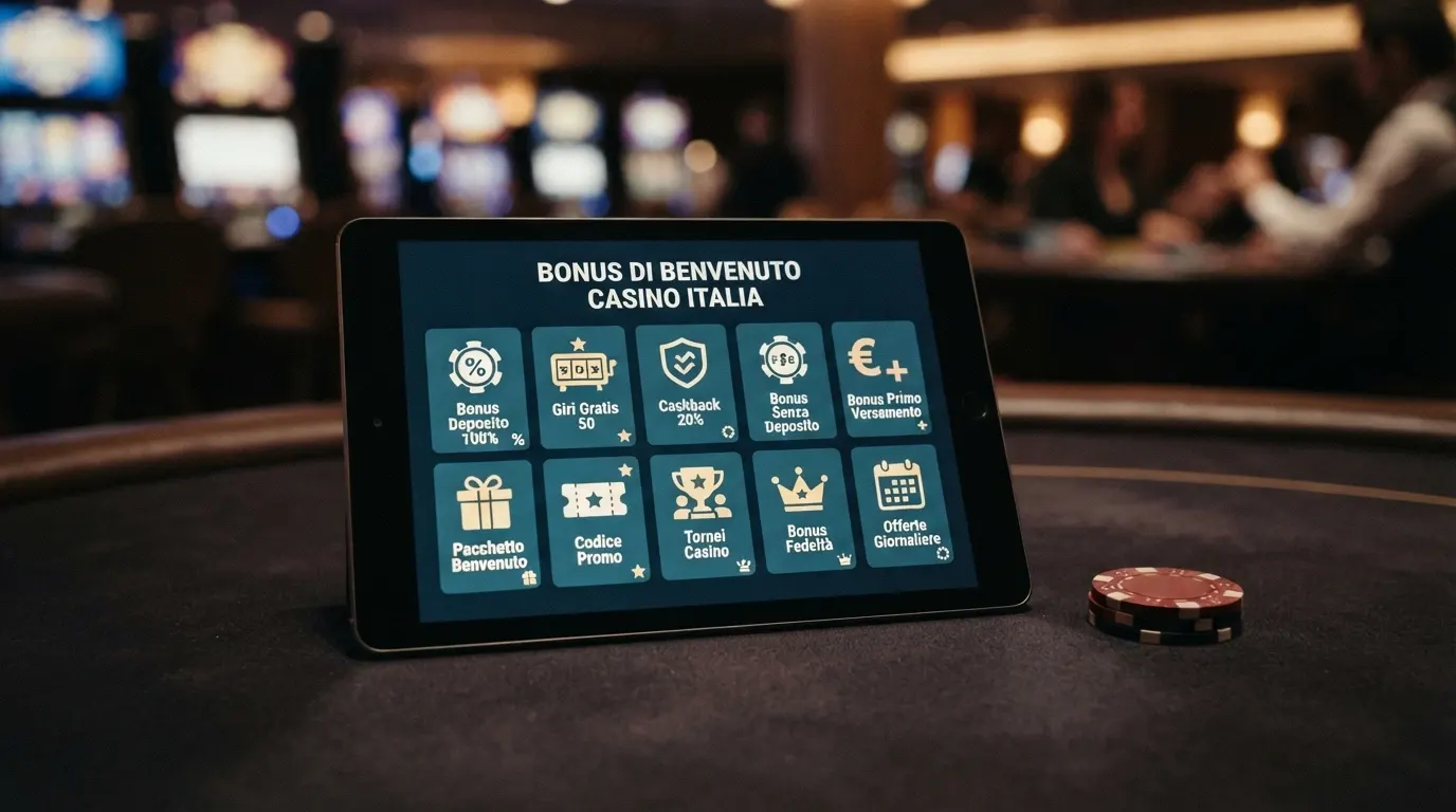 Una griglia stilizzata con dieci loghi di casinò online, ciascuno accompagnato da un'icona che rappresenta il tipo di bonus (percentuale, stella per free spin, scudo per cashback)