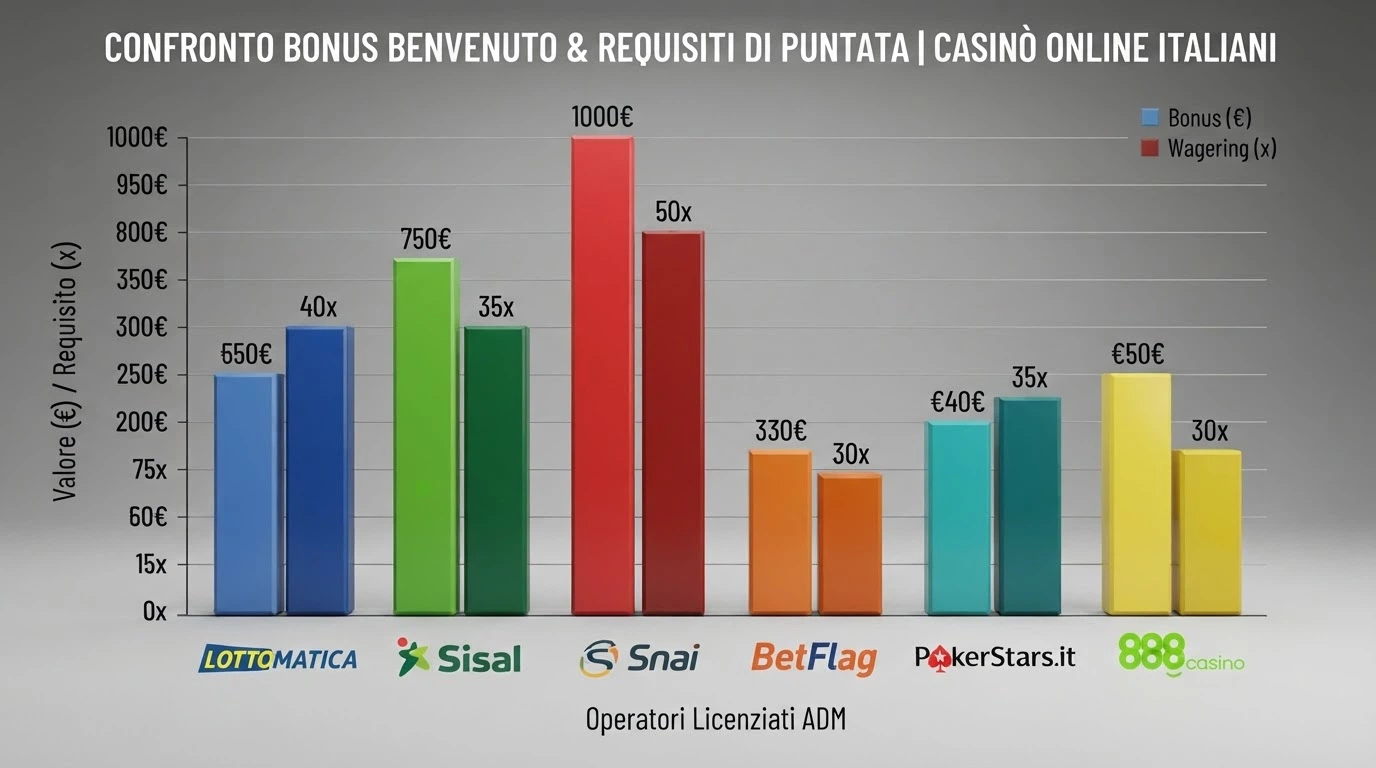 Rappresentazione grafica del confronto tra bonus di benvenuto: barre colorate affiancano importo del bonus e moltiplicatore di wagering per ogni operatore