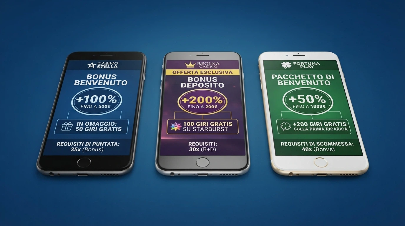 Una tabella comparativa stilizzata con loghi dei casinò e accanto l'importo del bonus senza deposito, i giri gratis e il wagering
