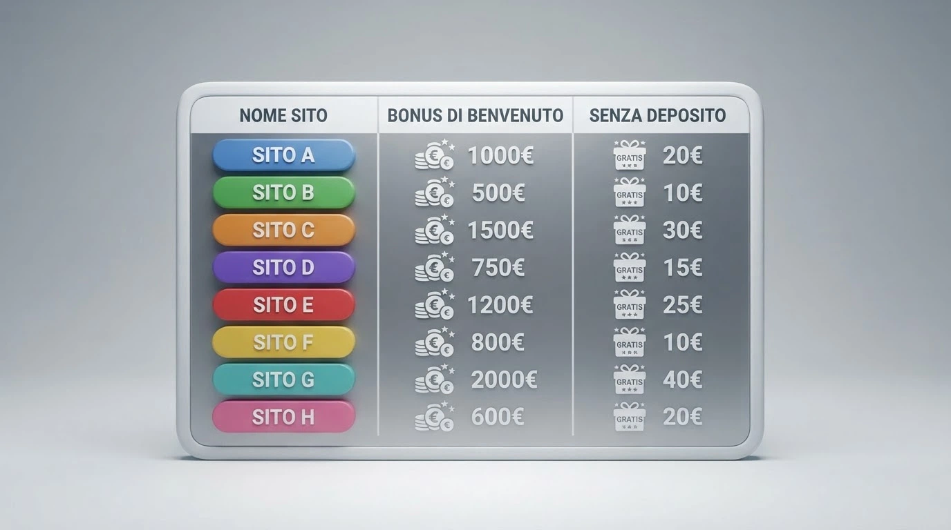 Una tabella comparativa stilizzata con i nomi dei concessionari, gli importi dei bonus di benvenuto e le icone delle componenti senza deposito