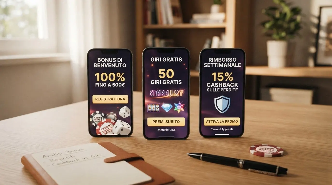Un confronto visivo tra tre tipologie di offerta — percentuale di bonus, free spin e cashback — affiancate con i rispettivi moltiplicatori di wagering