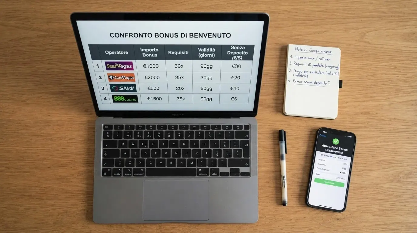 Una vista dall'alto di una scrivania ordinata con una tabella comparativa aperta sullo schermo di un laptop. Al centro, un taccuino con quattro criteri annotati a penna: importo, wagering, validità, senza deposito. Accanto, uno smartphone con la schermata di un bonus attivato.