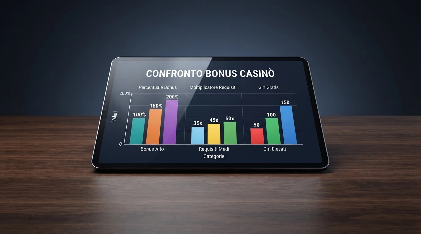 Tabella comparativa con nomi di casinò, percentuali di bonus, moltiplicatori di wagering e numero di giri gratis