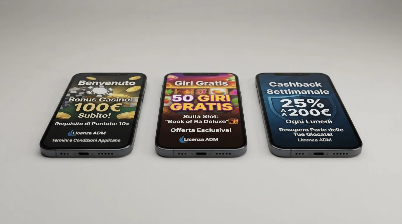 Una schermata che mostra loghi e offerte di benvenuto di diversi casinò con concessione ADM affiancati in una vista comparativa