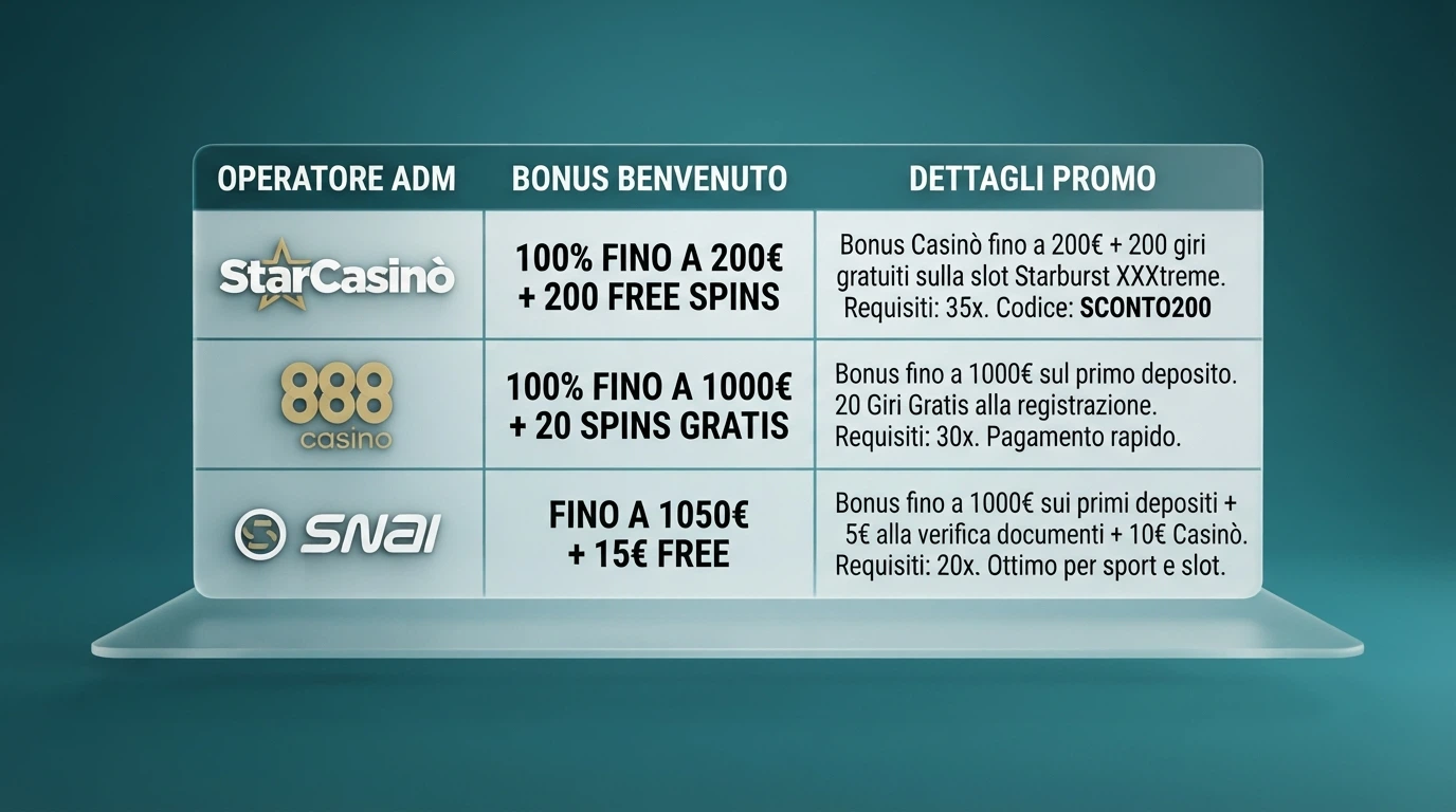 Una tabella comparativa stilizzata con i loghi dei principali operatori ADM e le cifre dei bonus di benvenuto