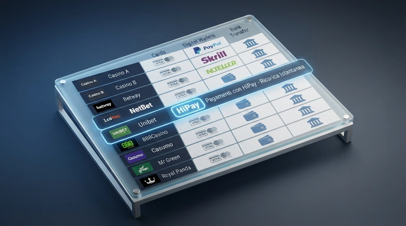 Schema visivo che mette a confronto i dieci casinò ADM della classifica, con NetBet evidenziato come unico operatore con il badge HiPay attivo