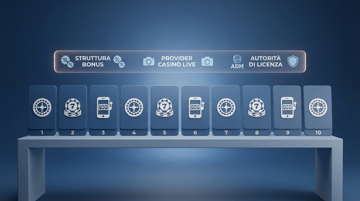 Una tabella comparativa stilizzata con i loghi dei casinò italiani con licenza ADM, affiancati da icone che rappresentano bonus, provider live e licenza