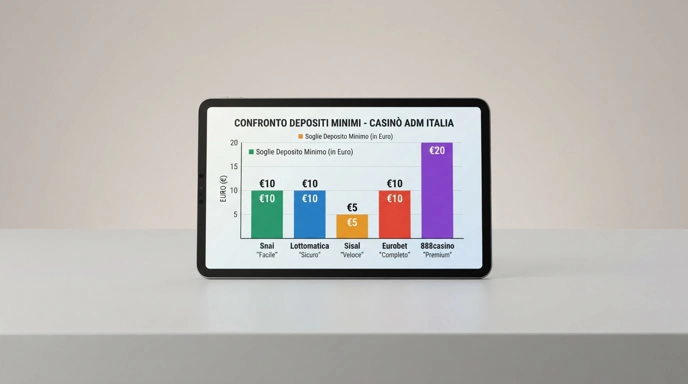 Una tabella comparativa con soglie di deposito, metodi di pagamento e loghi dei casinò ADM recensiti, ordinata dal più basso al più alto