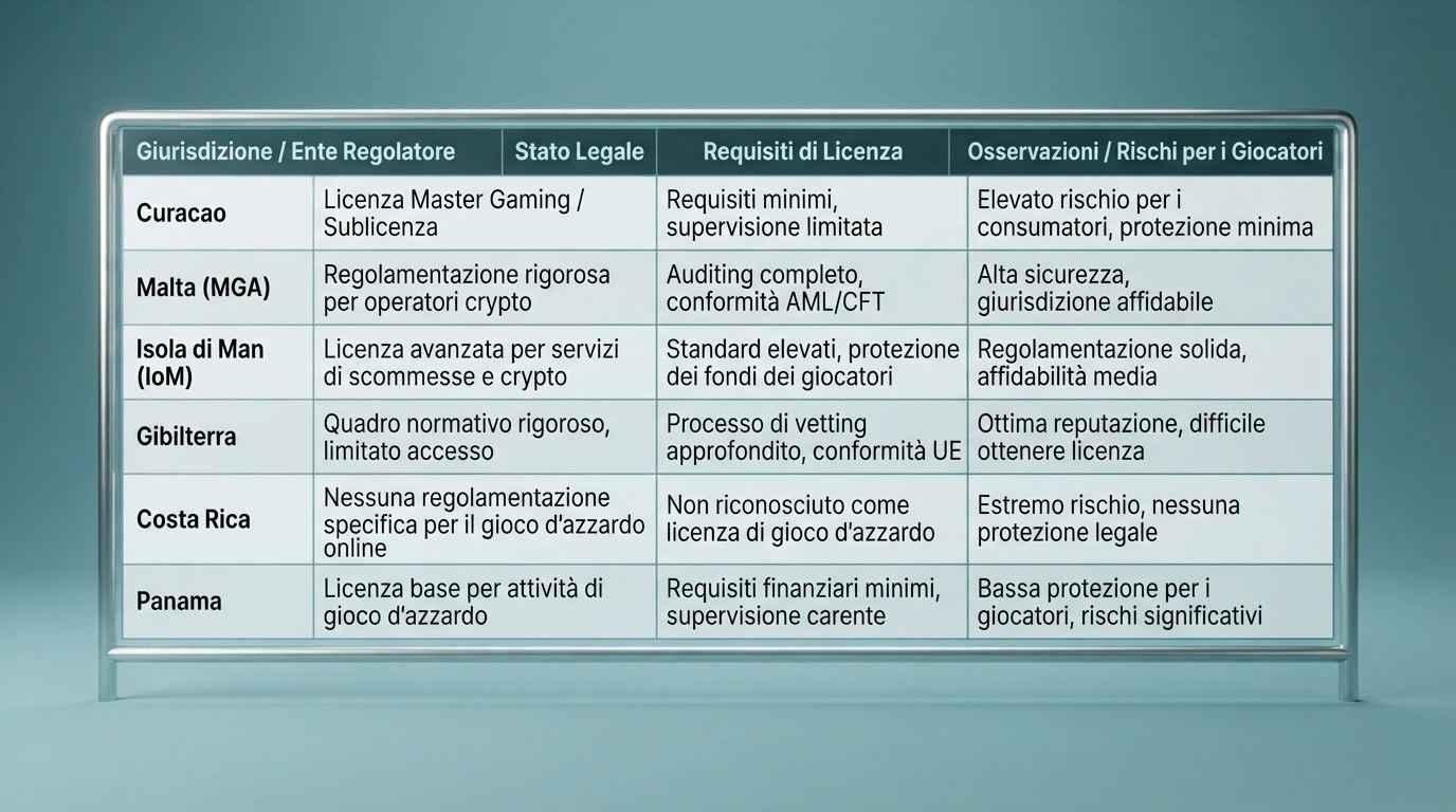 Tabella comparativa con le licenze dei 10 casinò recensiti: Curaçao, Costa Rica, Estonia e l'assenza della concessione ADM in ogni riga