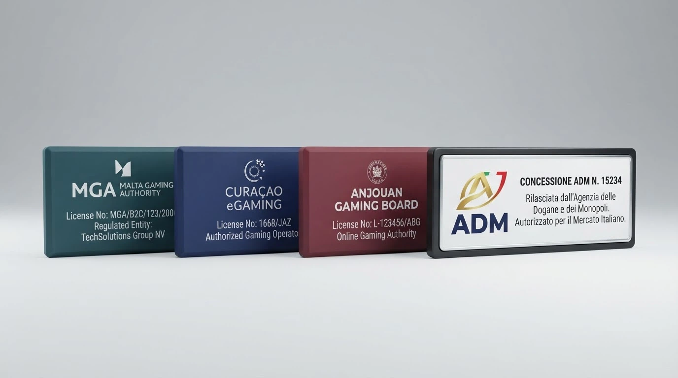 Tre badge di licenza affiancati — Malta Gaming Authority, Curaçao e Anjouan — con una barra orizzontale che separa ciascuno dal simbolo della concessione ADM