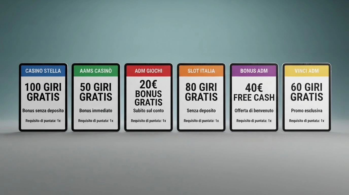 Schermata che mostra l'elenco dei casinò con concessione ADM affiancati dai rispettivi bonus senza deposito e dai requisiti di wagering