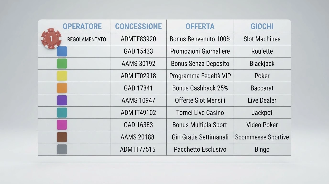 Tabella stilizzata con loghi di operatori di casinò affiancati da dati contrattuali come wagering e validità