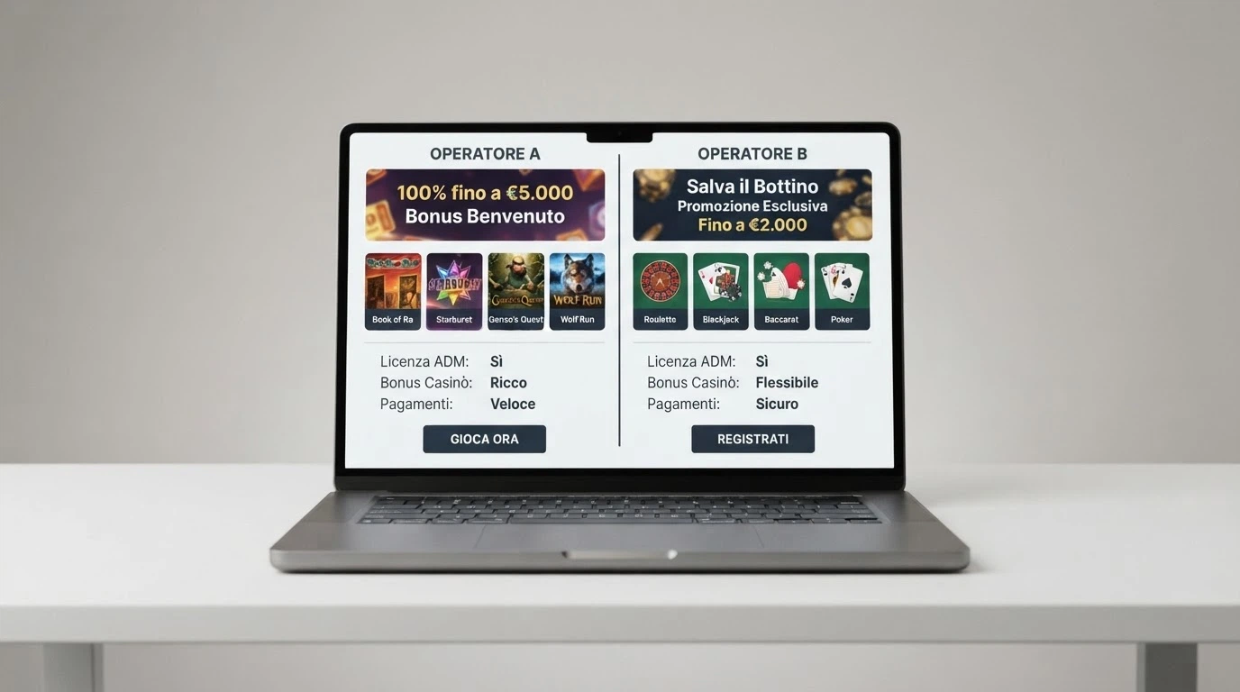 Una schermata con le schede di due casinò online affiancate, con evidenziati i dati di concessione, il bonus benvenuto e i provider di giochi in formato comparativo