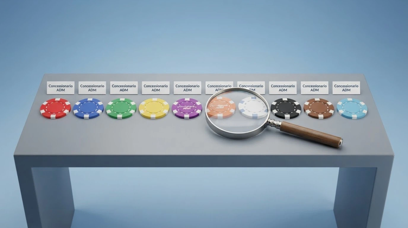 Una tabella comparativa stilizzata con i loghi dei casinò ADM affiancati da icone che rappresentano il tipo di bonus (free spin, euro, fun bonus) e una lente di ingrandimento sulle condizioni.