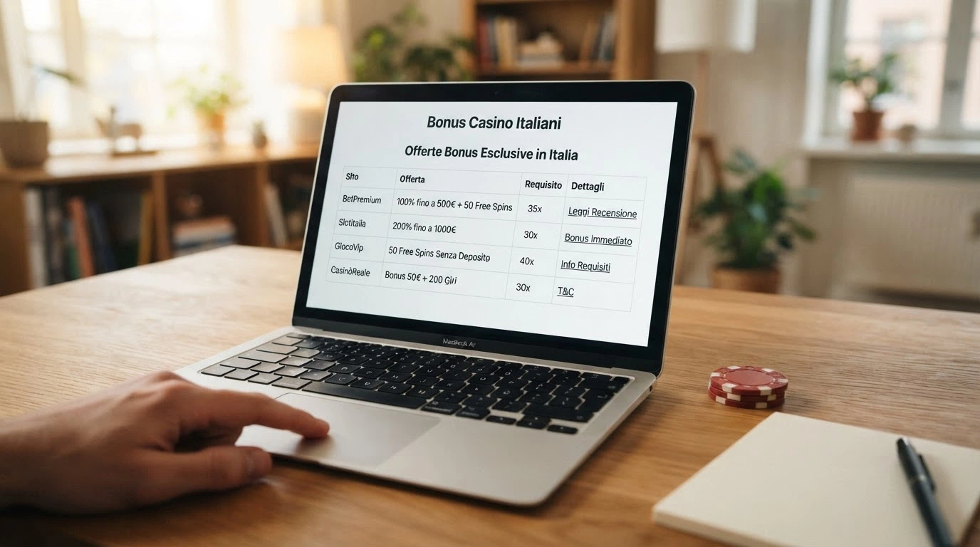 Una schermata di confronto tra casinò online con colonne per bonus, wagering e licenza