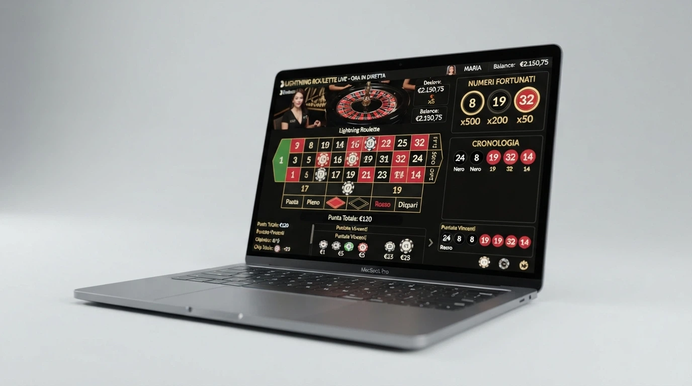 Una schermata dell'interfaccia di gioco di Lightning Roulette con il pannello delle puntate, la cronologia dei numeri e le statistiche a schermo