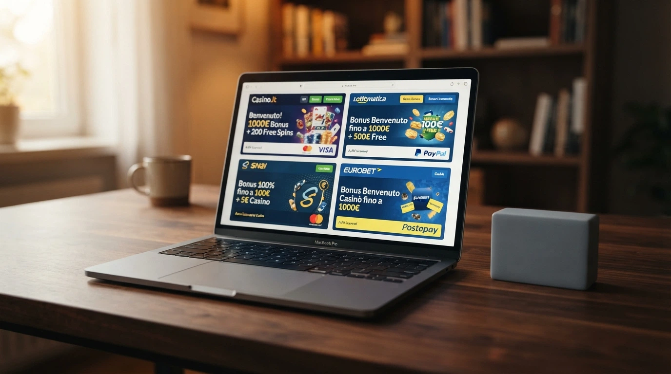 Una schermata che mostra una selezione di casinò online con licenza ADM affiancati dai rispettivi bonus di benvenuto e dal simbolo di Maestro come metodo di pagamento accettato