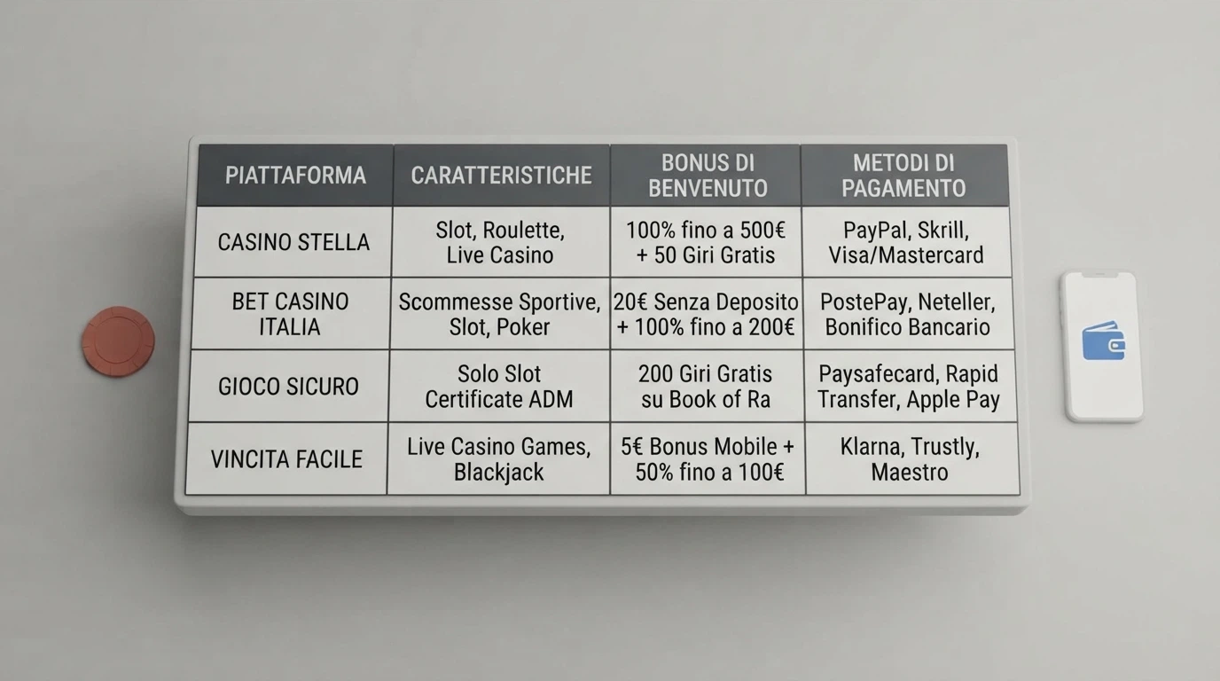 Una tabella comparativa stilizzata con i loghi degli operatori recensiti affiancati da icone di licenza, bonus e metodi di pagamento