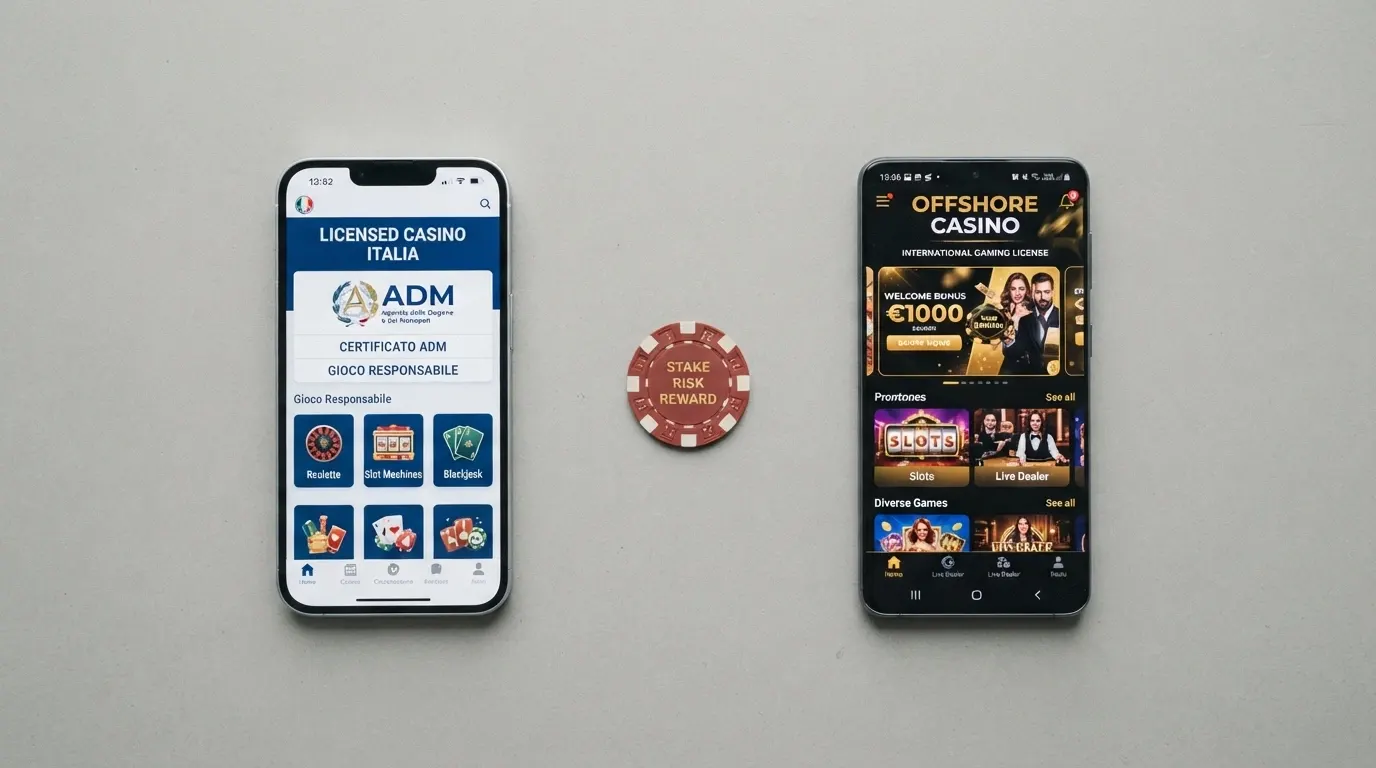 Tabella comparativa stilizzata con nomi, licenze e bonus dei principali casino che accettano Postepay, divisi tra ADM e non AAMS