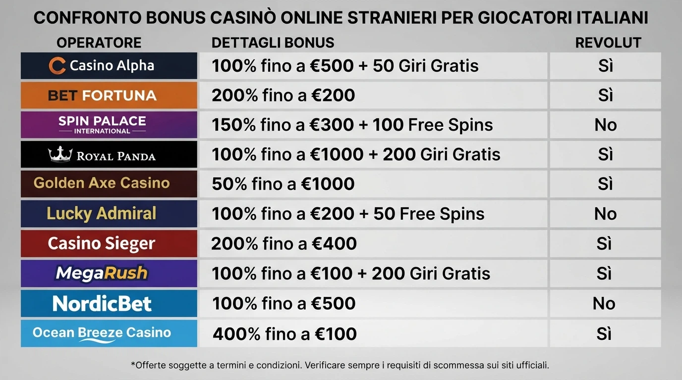 Griglia comparativa con i loghi dei casinò non AAMS, i bonus di benvenuto e la compatibilità Revolut
