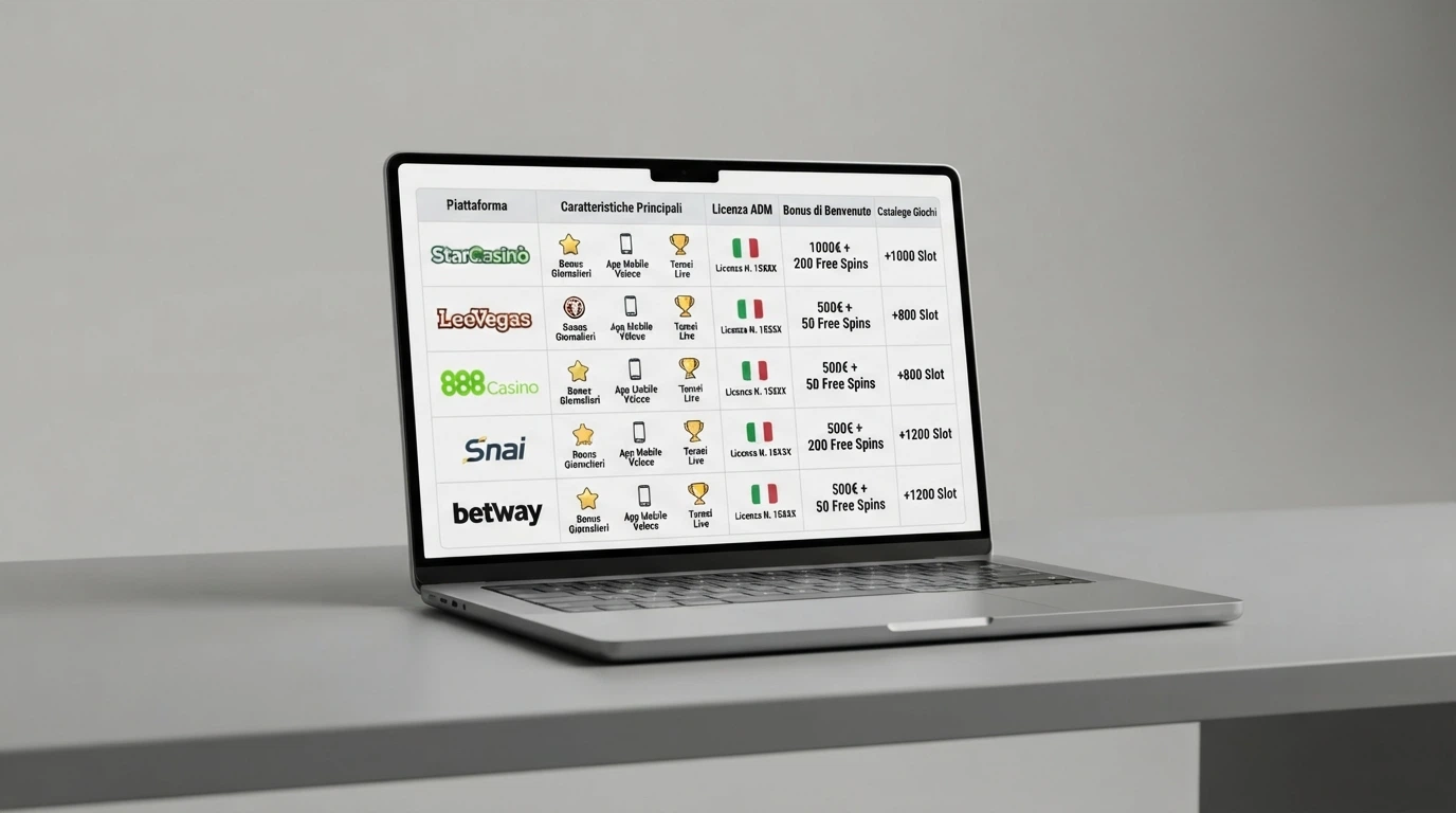 Schermata di un portale di confronto con loghi e dati dei siti di slot machine autorizzati ADM in Italia