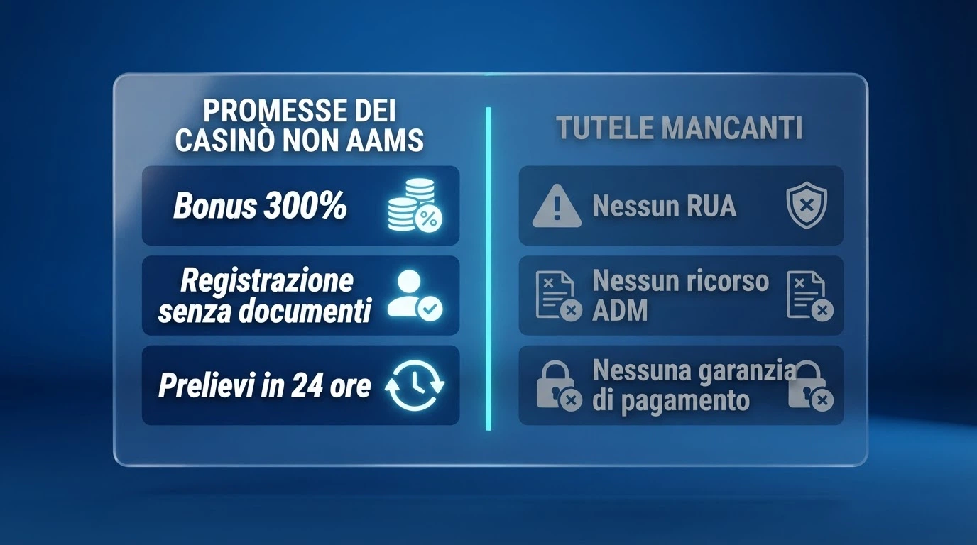 Un'infografica a due colonne: a sinistra le promesse tipiche dei siti non AAMS (bonus alti, registrazione veloce), a destra le tutele assenti (nessun RUA, nessun ricorso ADM, nessuna garanzia di pagamento)