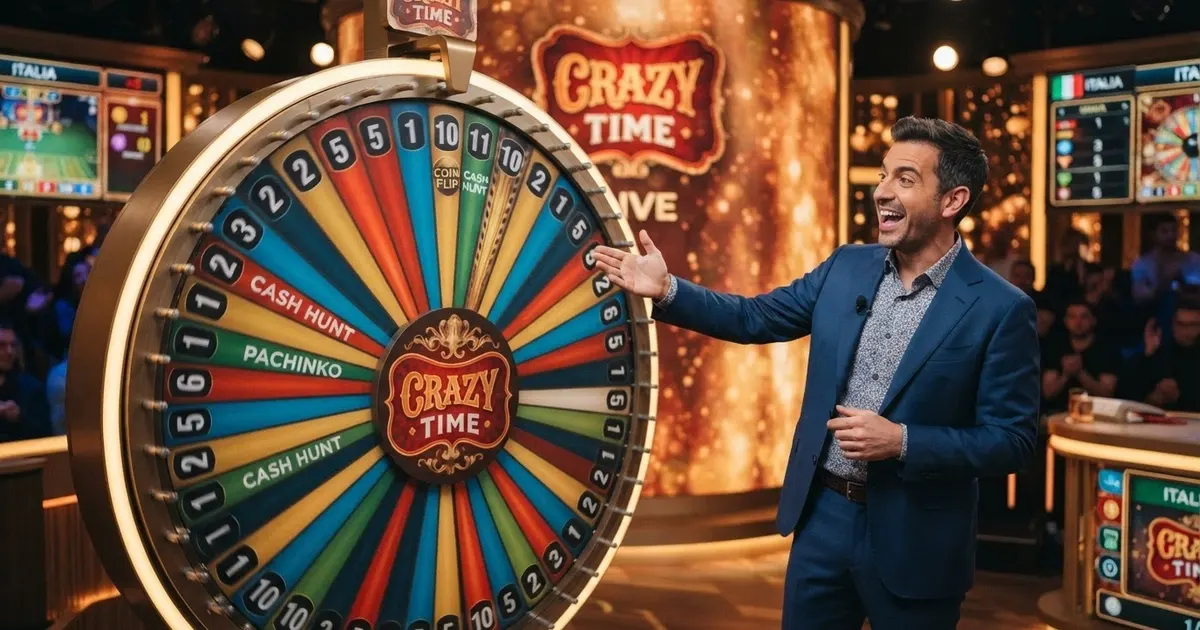 La ruota di Crazy Time con il presentatore in studio, i segmenti colorati e i moltiplicatori visibili sullo schermo