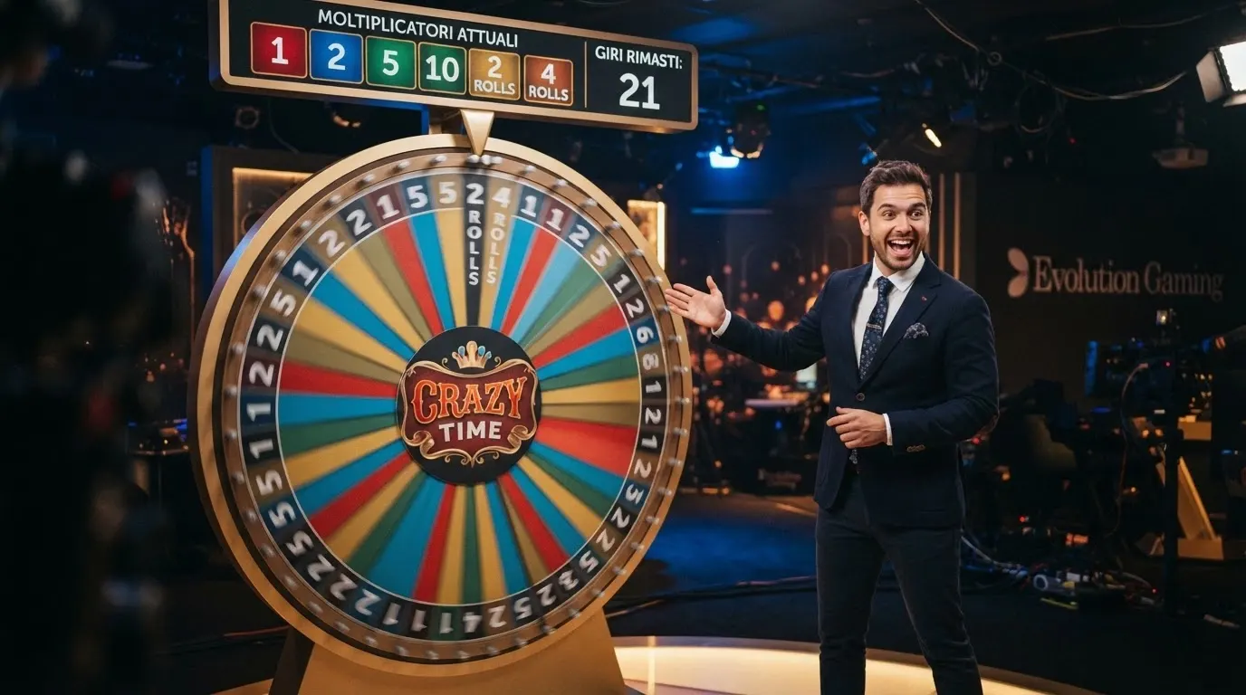 La ruota verticale di Crazy Time in rotazione durante una sessione live, con il conduttore accanto e l'interfaccia dei moltiplicatori visibile