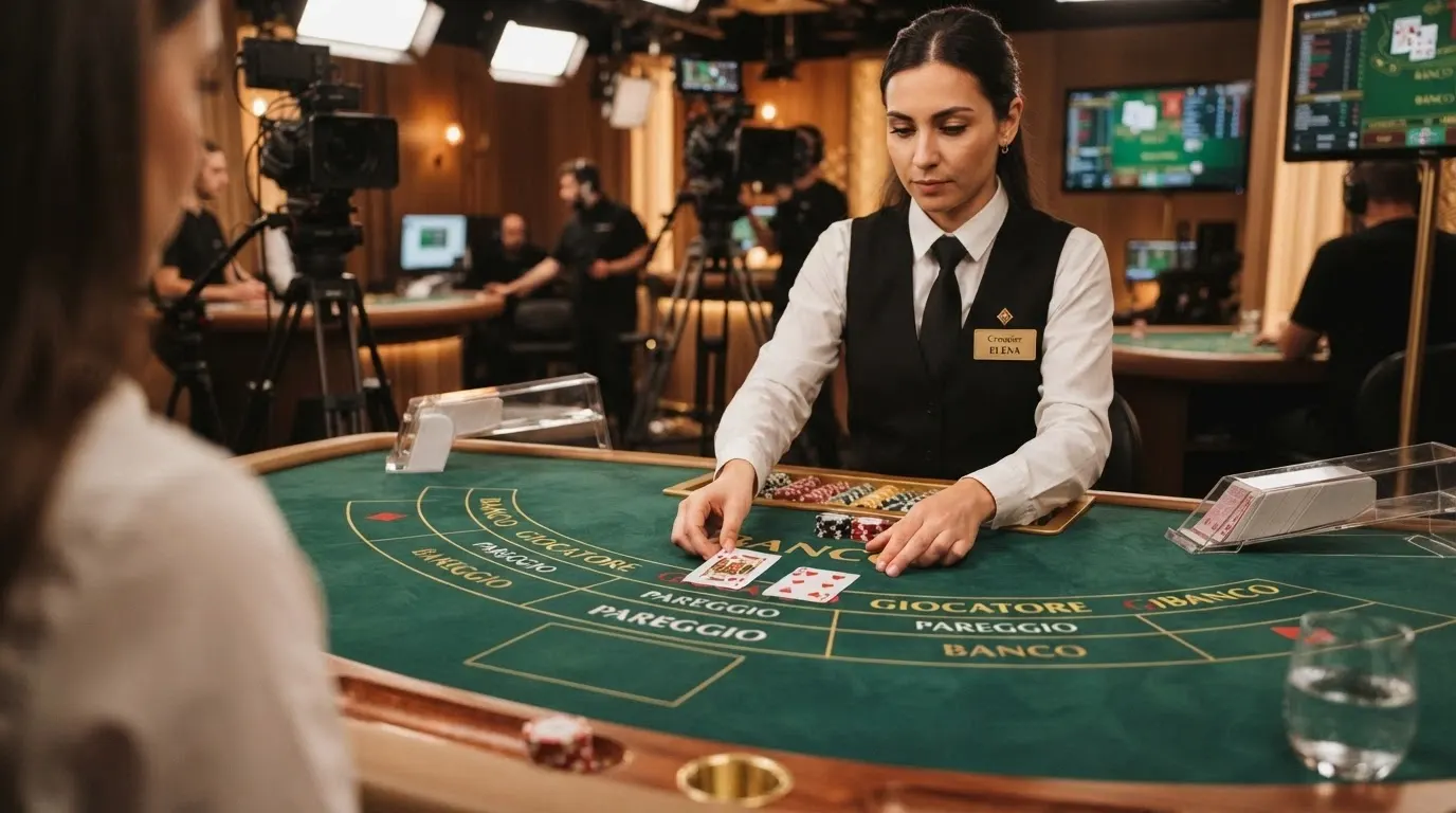 Un croupier in uniforme che distribuisce carte a un tavolo di baccarat live, inquadratura dal lato Giocatore con le aree di puntata in vista