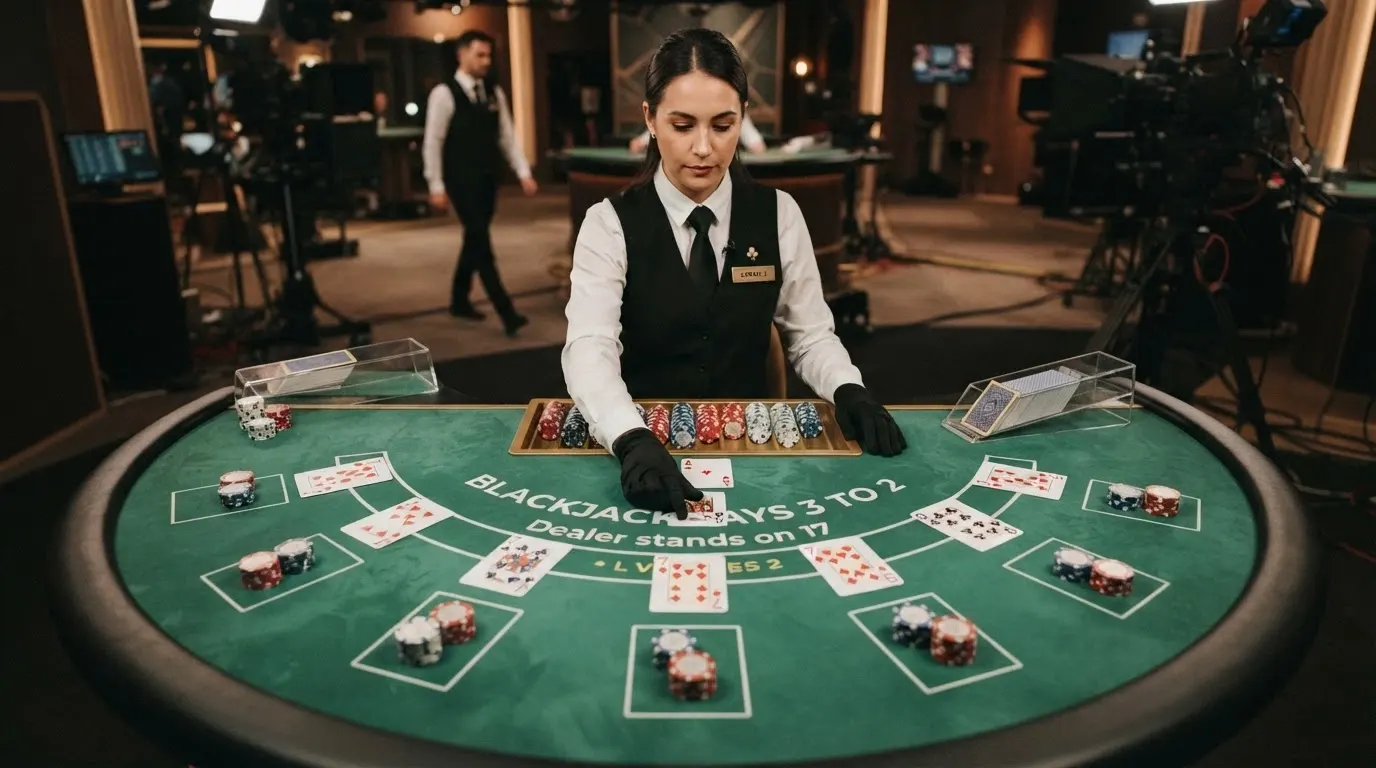 Un croupier in divisa che distribuisce carte a un tavolo live, inquadratura dall'alto con il panno verde e le fiches disposte ai posti giocatore