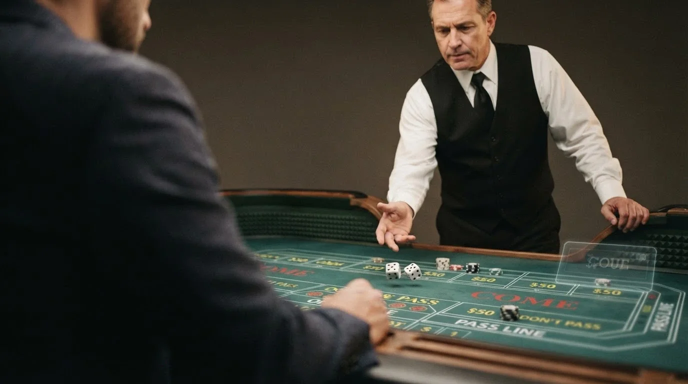 Un croupier in uniforme lancia i dadi su un tavolo da craps reale in uno studio professionale, con l'interfaccia di puntata digitale sovrapposta in primo piano