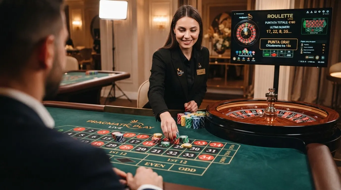 Primo piano di un croupier dal vivo al tavolo da roulette in uno studio Pragmatic Play, con interfaccia di puntata sullo schermo