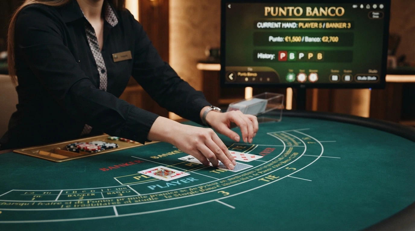 Un croupier inquadrato in primo piano mentre distribuisce le carte su un tavolo da Punto Banco, con lo schermo di gioco che mostra le puntate attive su Banco e Punto