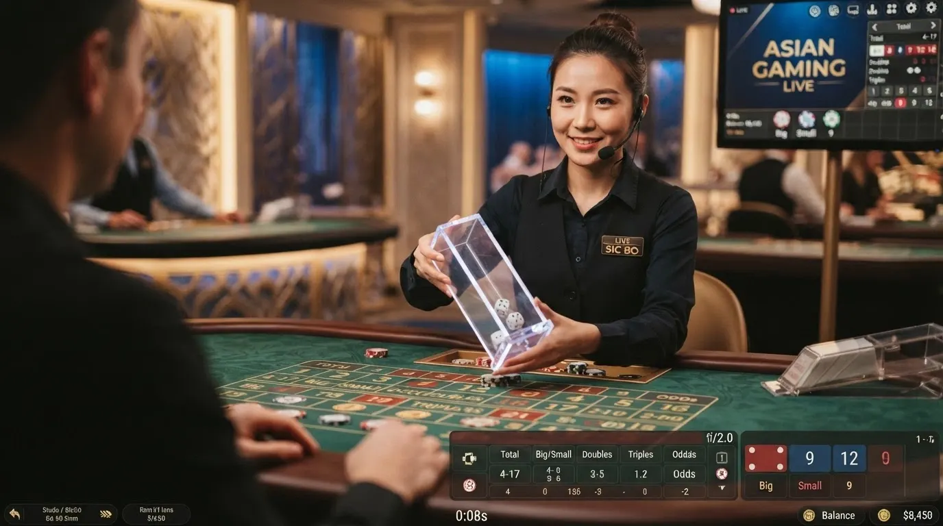 Croupier dal vivo a un tavolo di Sic Bo in uno studio Evolution Gaming, con interfaccia di puntata sovrapposta allo streaming