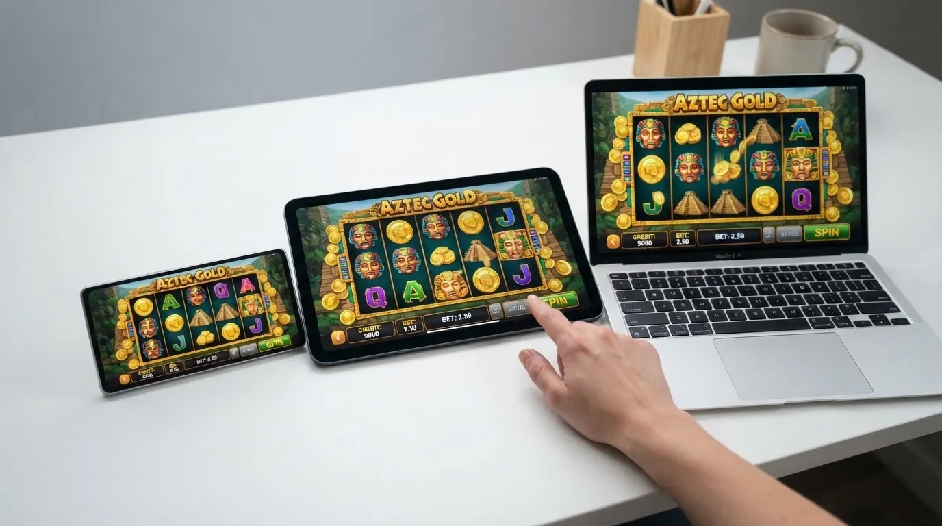 Tre dispositivi — smartphone, tablet e laptop — affiancati con la stessa slot machine in esecuzione nel browser, senza app installate, per mostrare la compatibilità HTML5