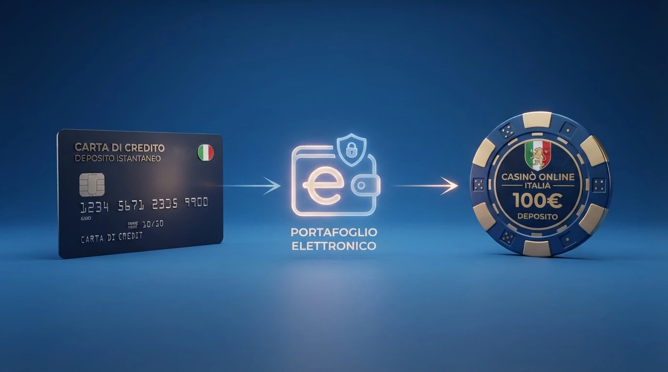 Schema a tre elementi collegati da frecce: carta American Express, logo di un e-wallet, simbolo del conto gioco di un casinò online
