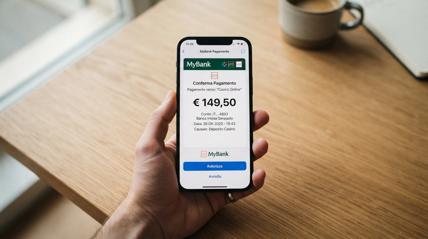 La schermata di autorizzazione del pagamento MyBank nell'home banking del giocatore, con l'importo del deposito e il nome del casinò beneficiario