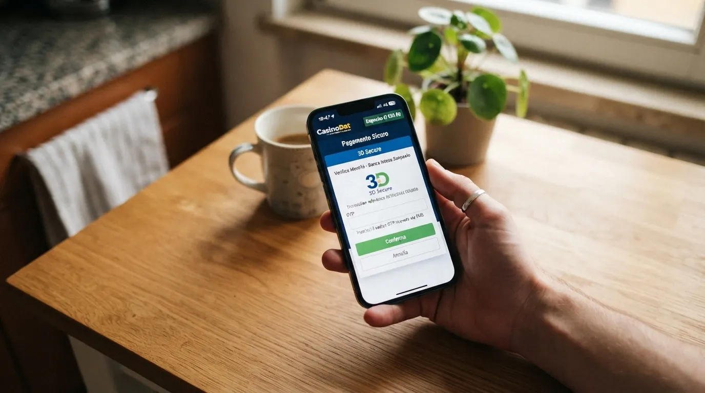 L'interfaccia di pagamento di un casinò online con l'opzione carta di credito selezionata e la schermata di autenticazione 3D Secure
